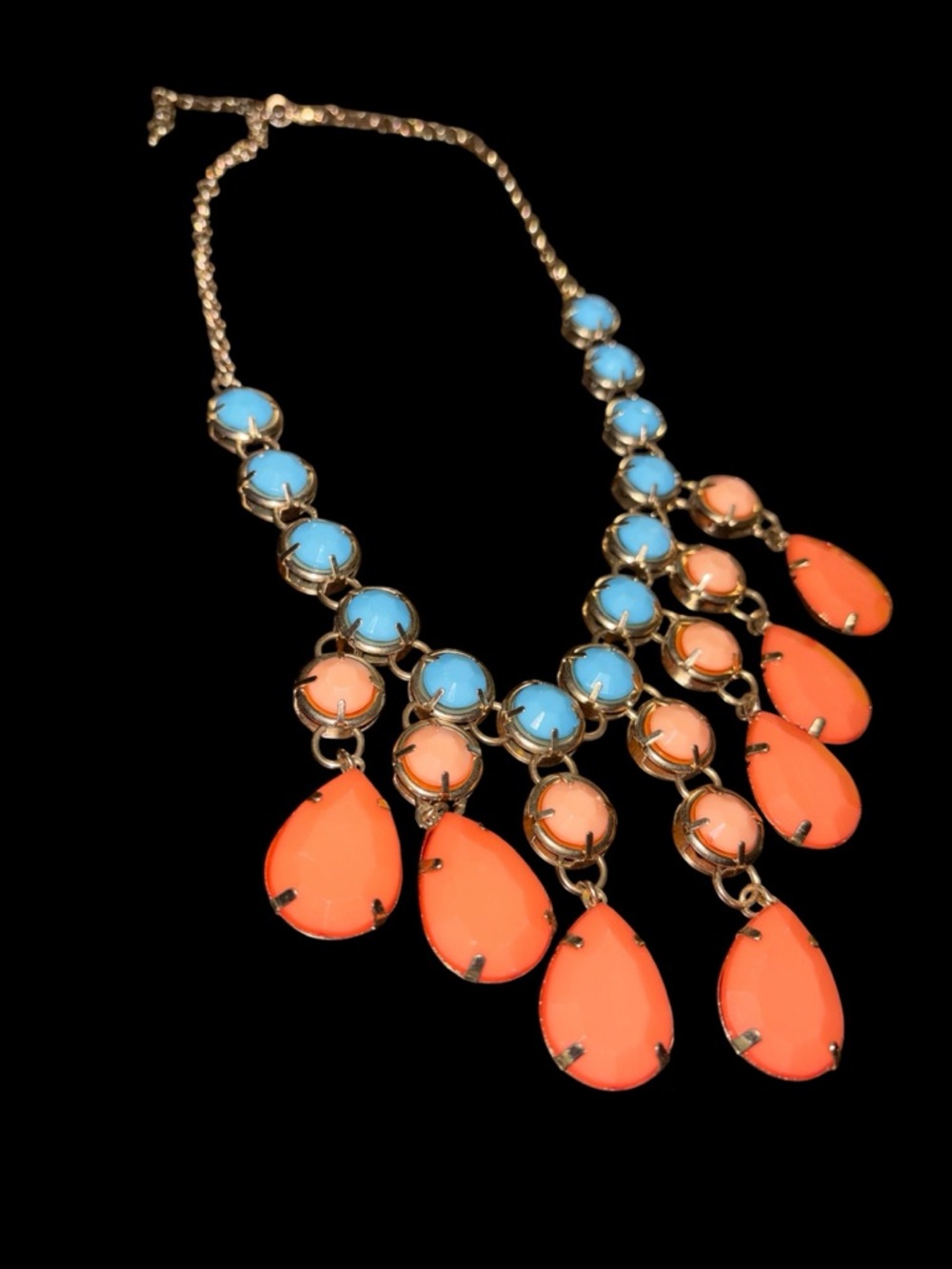 Gold-Tone Statement Necklace with Coral Teardrops & Sky Blue Accents